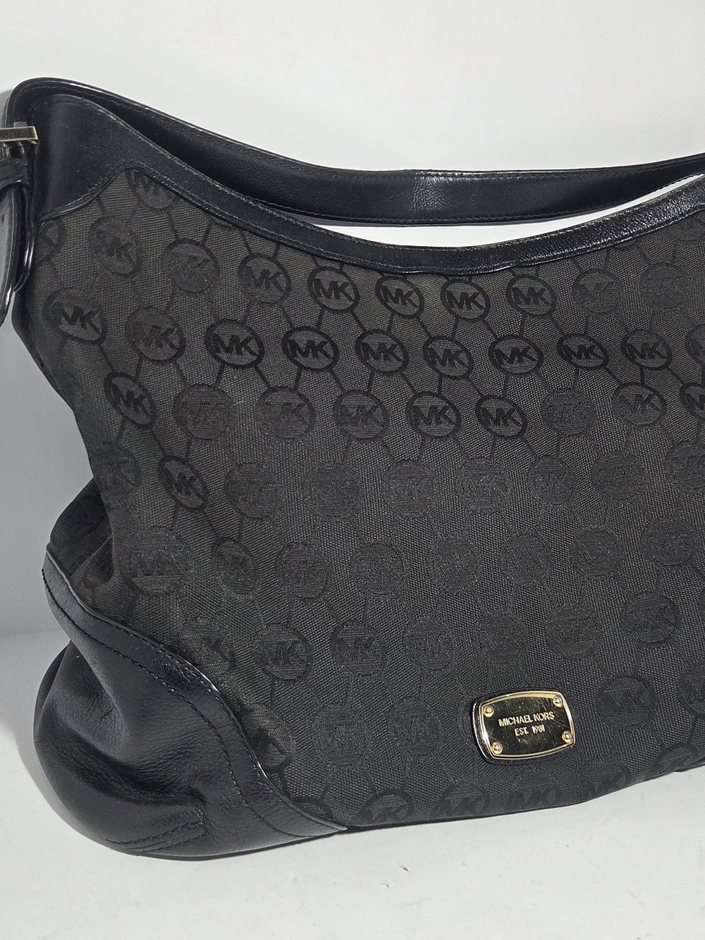 Michael Kors Black MK Signature Monogram Canvas Leather Trim Hobo Shoulder Bag